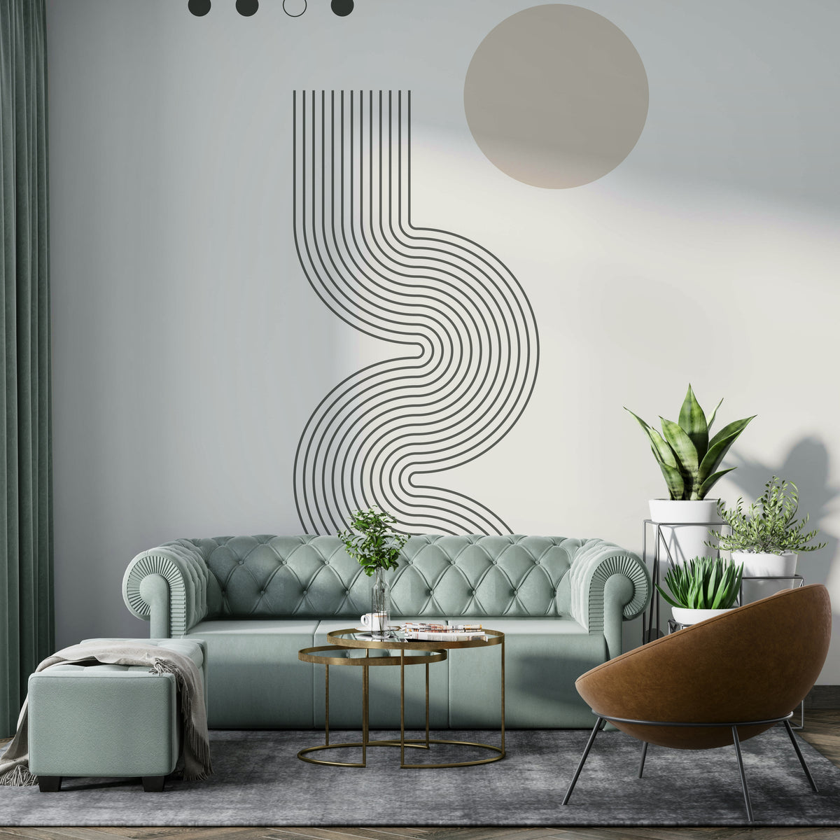 Retro Geometric Flow wallpaper mural with curved lines and a beige sun behind a sage-green tufted sofa in a living room