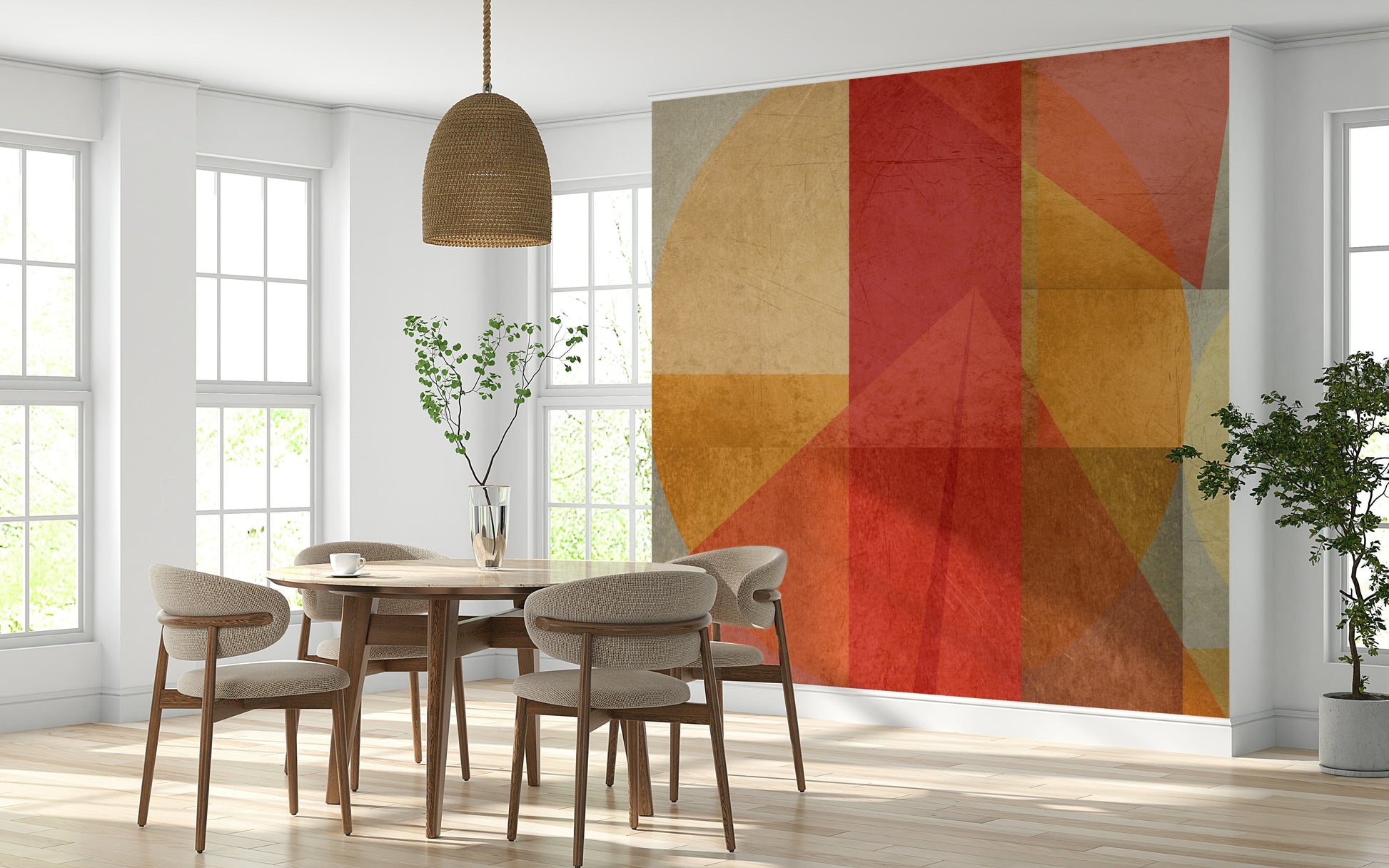 A dynamic geometric wallpaper blending circles and angular forms in rich earthy colors.