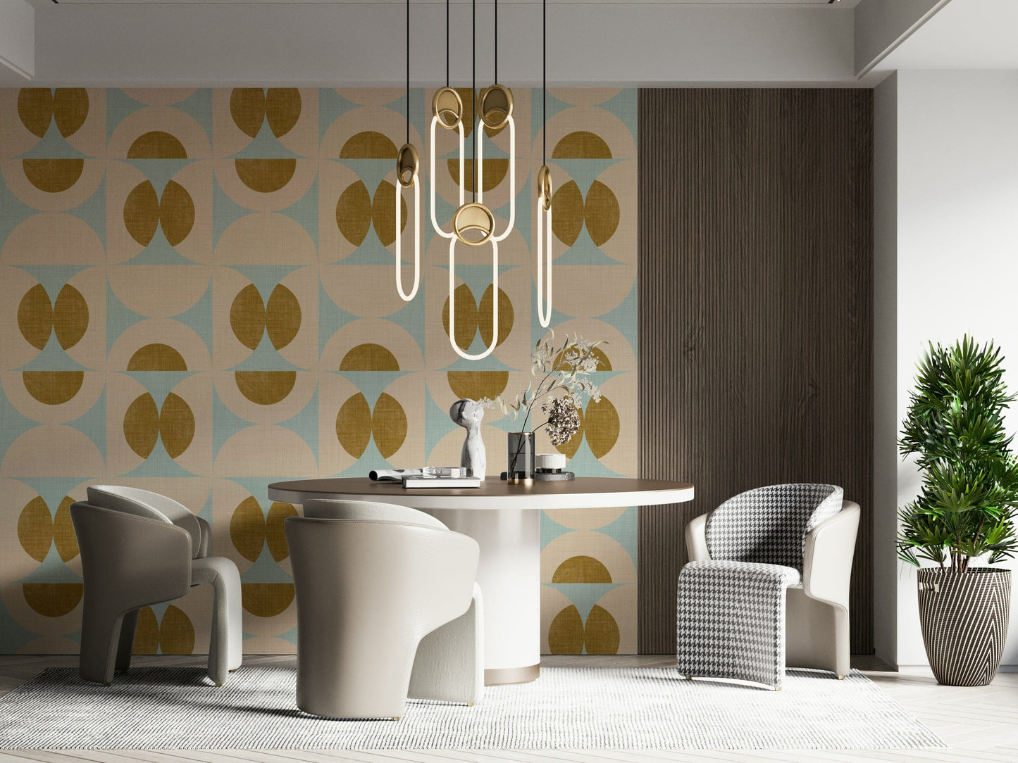 Abstract retro wallpaper with symmetrical semicircle patterns in pastel blue and earthy yellow.