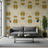 Decorative mid-century wallpaper with repeating circular and arc shapes in an airy palette.