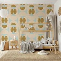 Retro geometric pattern featuring intersecting arcs in soft cool and warm tones.