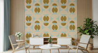 Mid-century style wallpaper showcasing symmetrical arc and oval motifs in muted pastel hues.