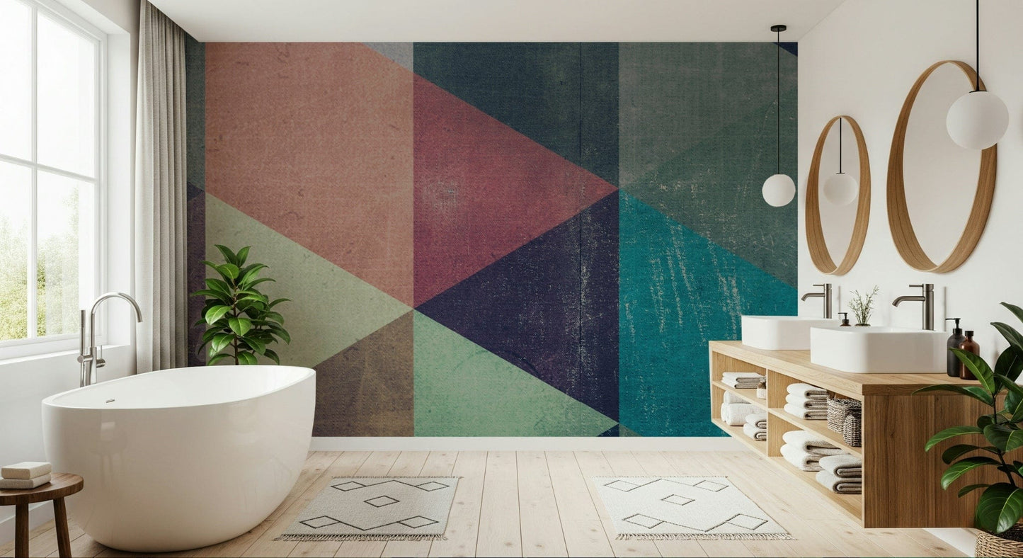 Abstract geometric wall mural with colorful retro triangles for bold, stylish interiors.