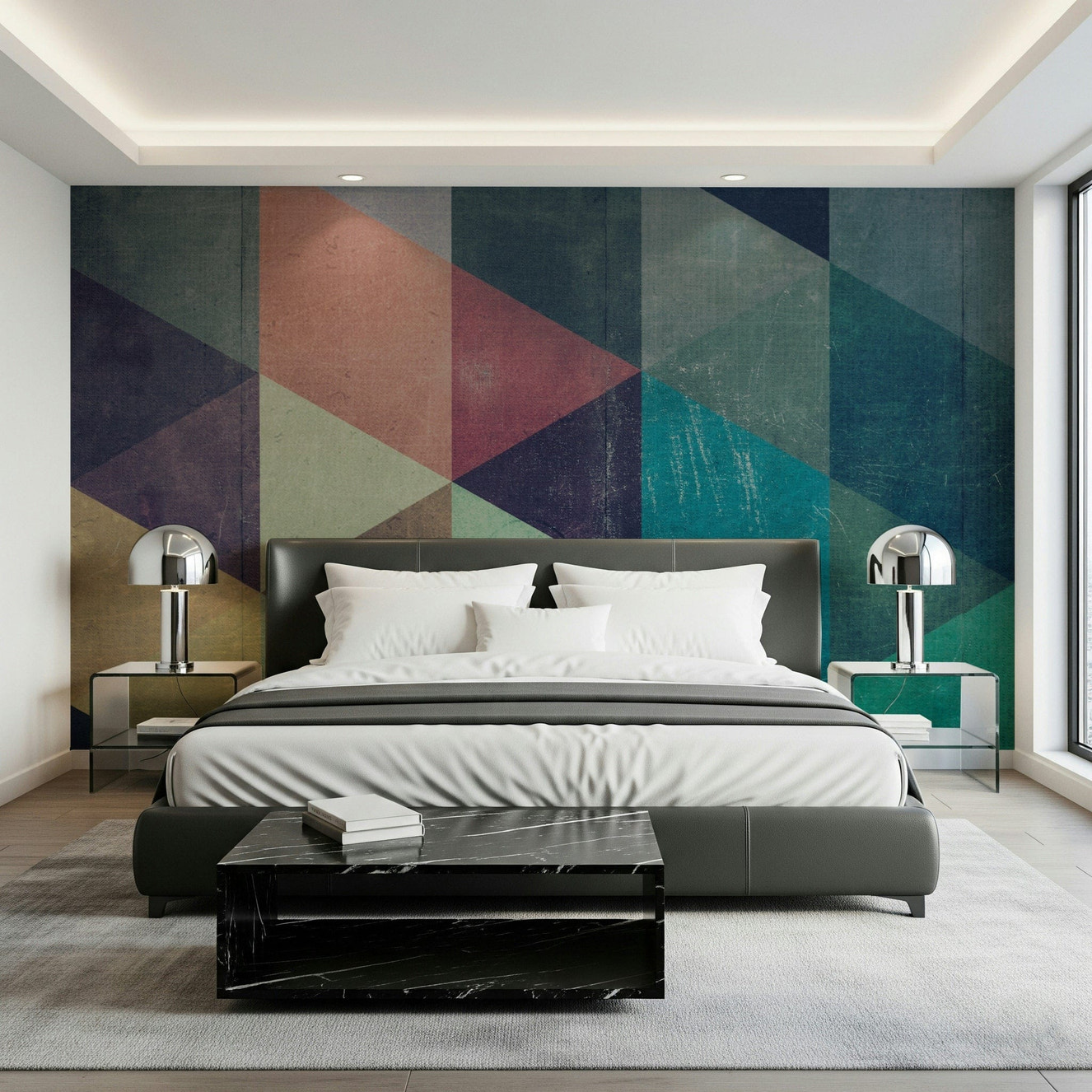 Retro Triangle Fusion Wall Mural featuring bold, overlapping triangles in vibrant retro colors for modern interiors.