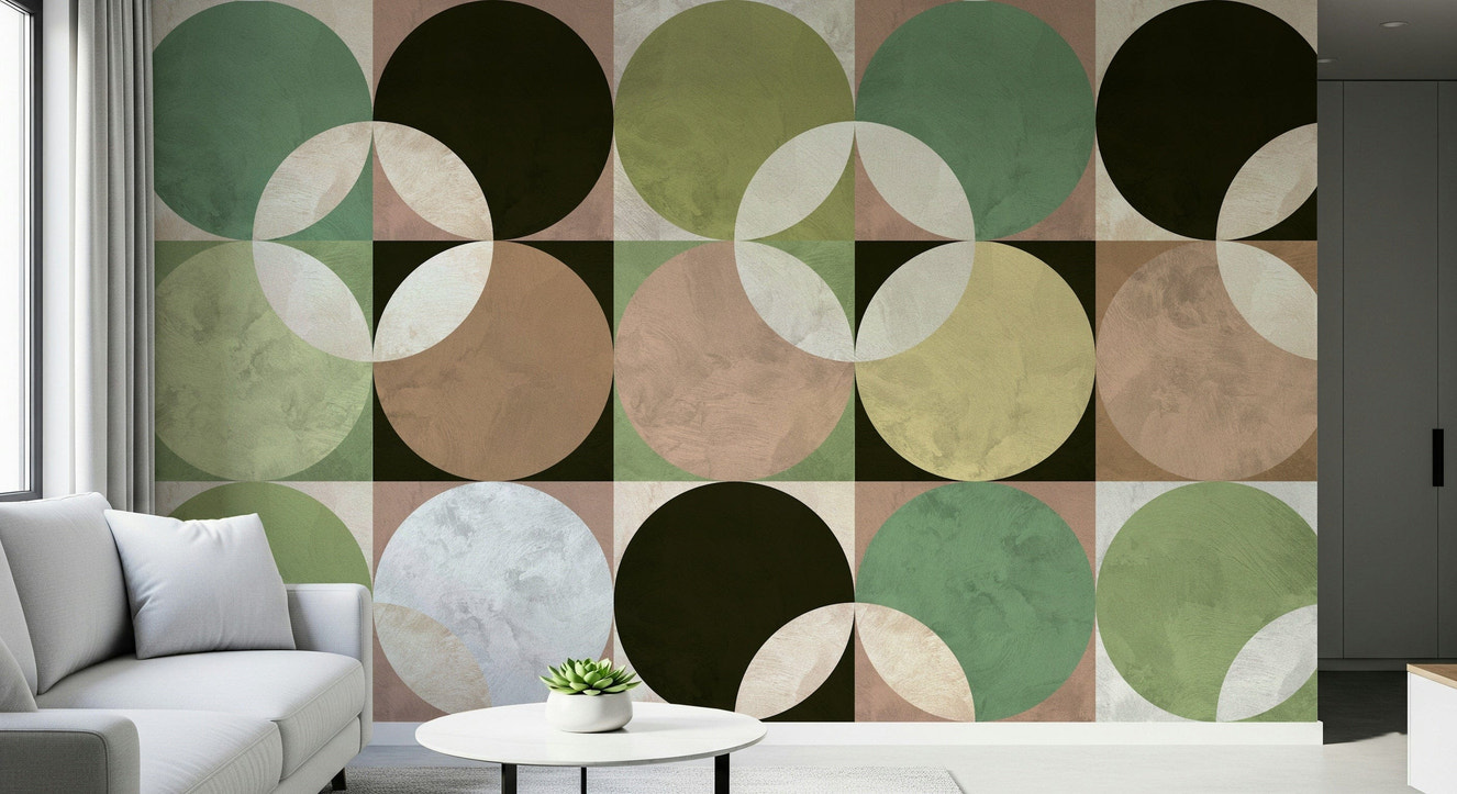 Retro Circle Harmony wall mural featuring bold circular patterns in warm, vintage tones.
