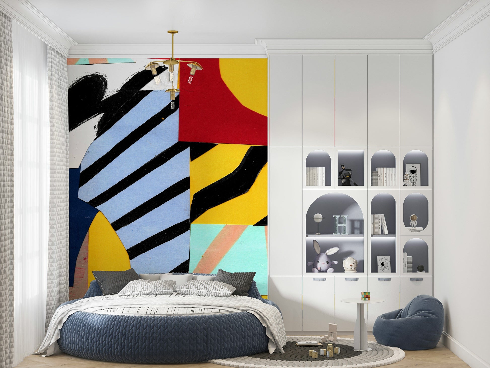 An artistic modern remix mural on minimalist wallpaper.

