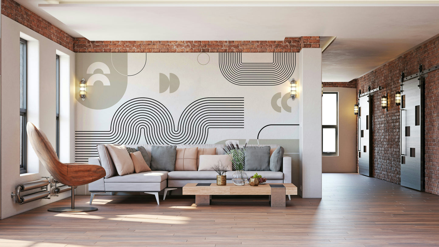 Retro Geometric Waves Mural in Warm Tones

