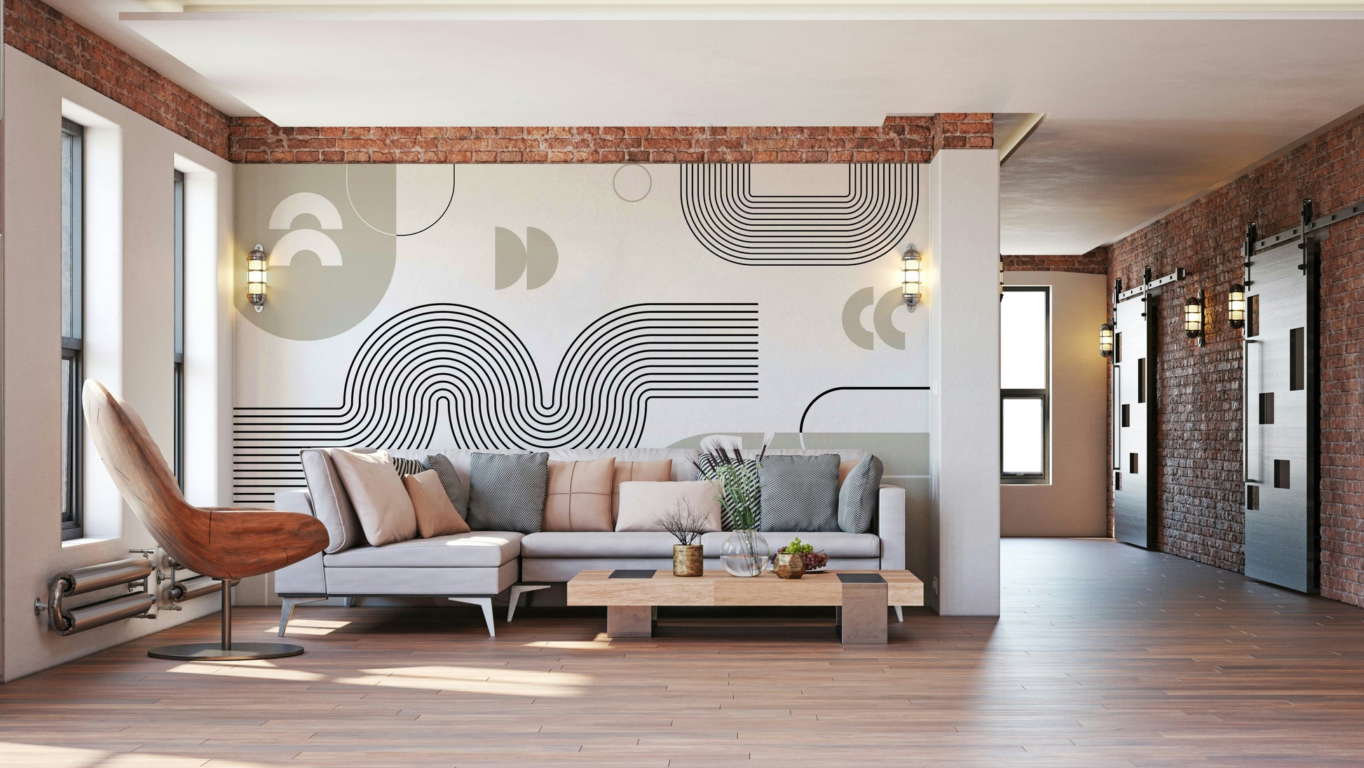 Retro Geometric Waves Mural in Warm Tones

