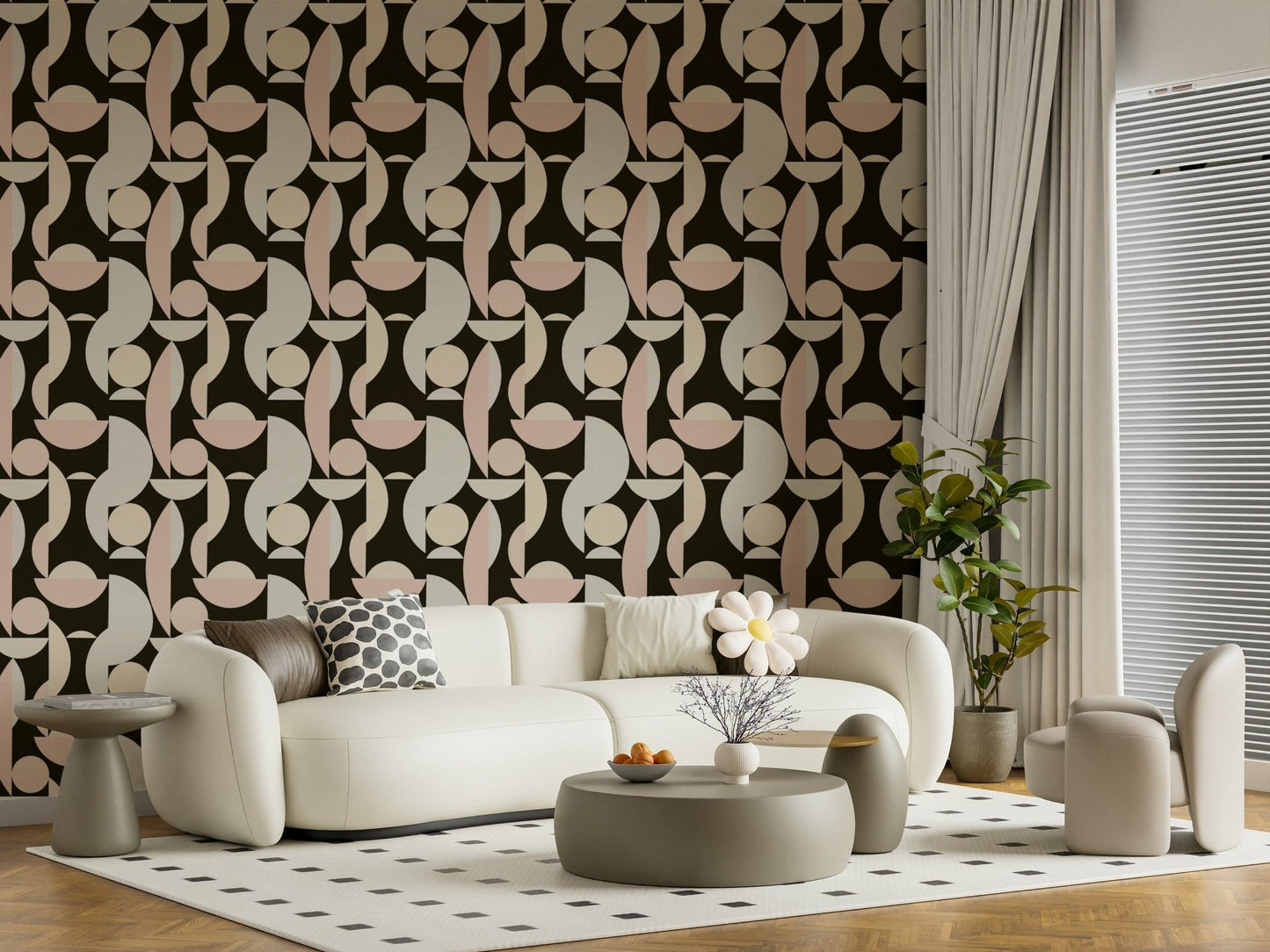 Graphic shape wallpaper in pink and beige