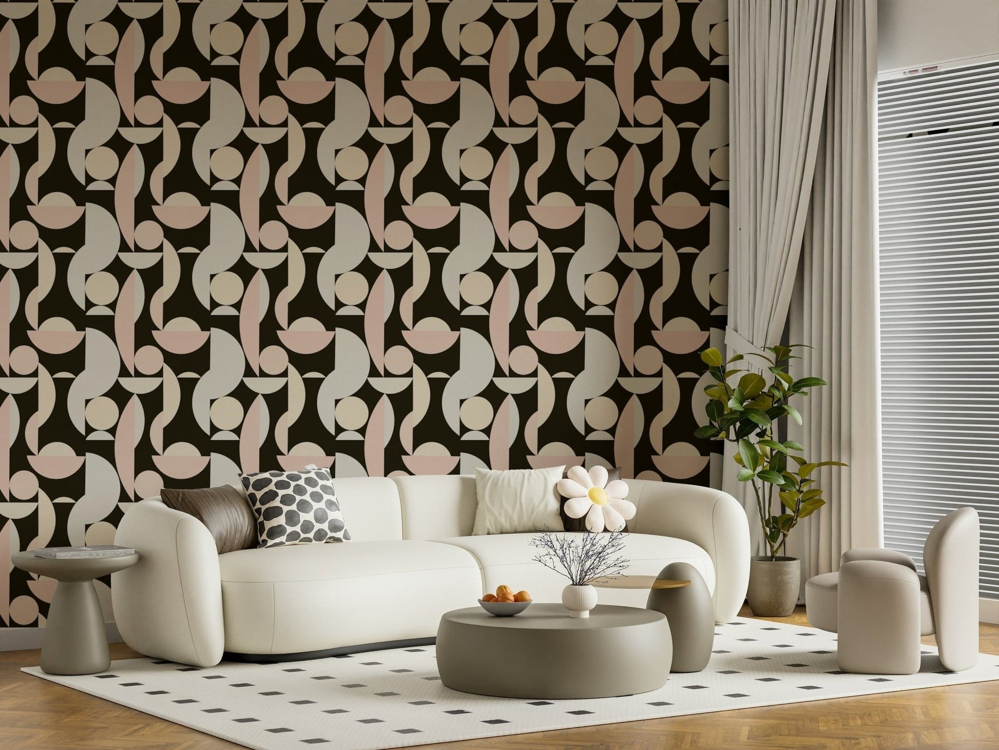 Graphic shape wallpaper in pink and beige