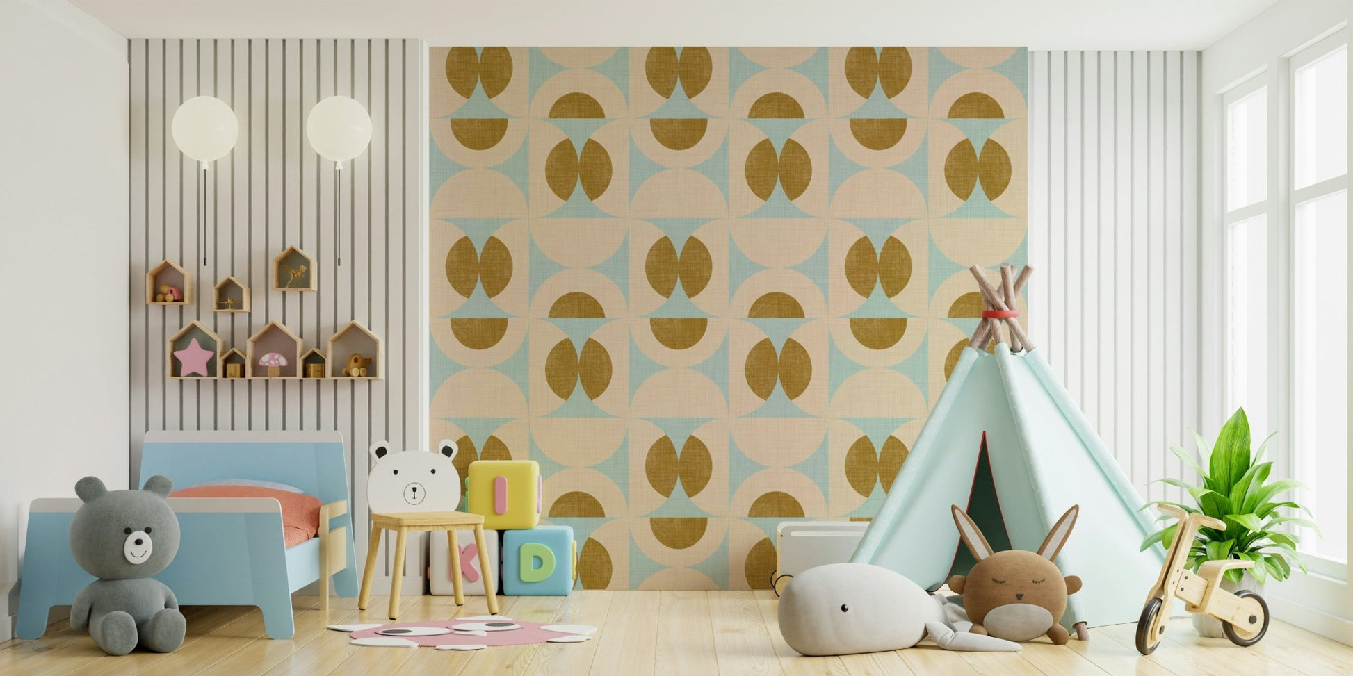 Geometric retro wallpaper with aqua arcs and mustard oval shapes arranged in a repeating grid.