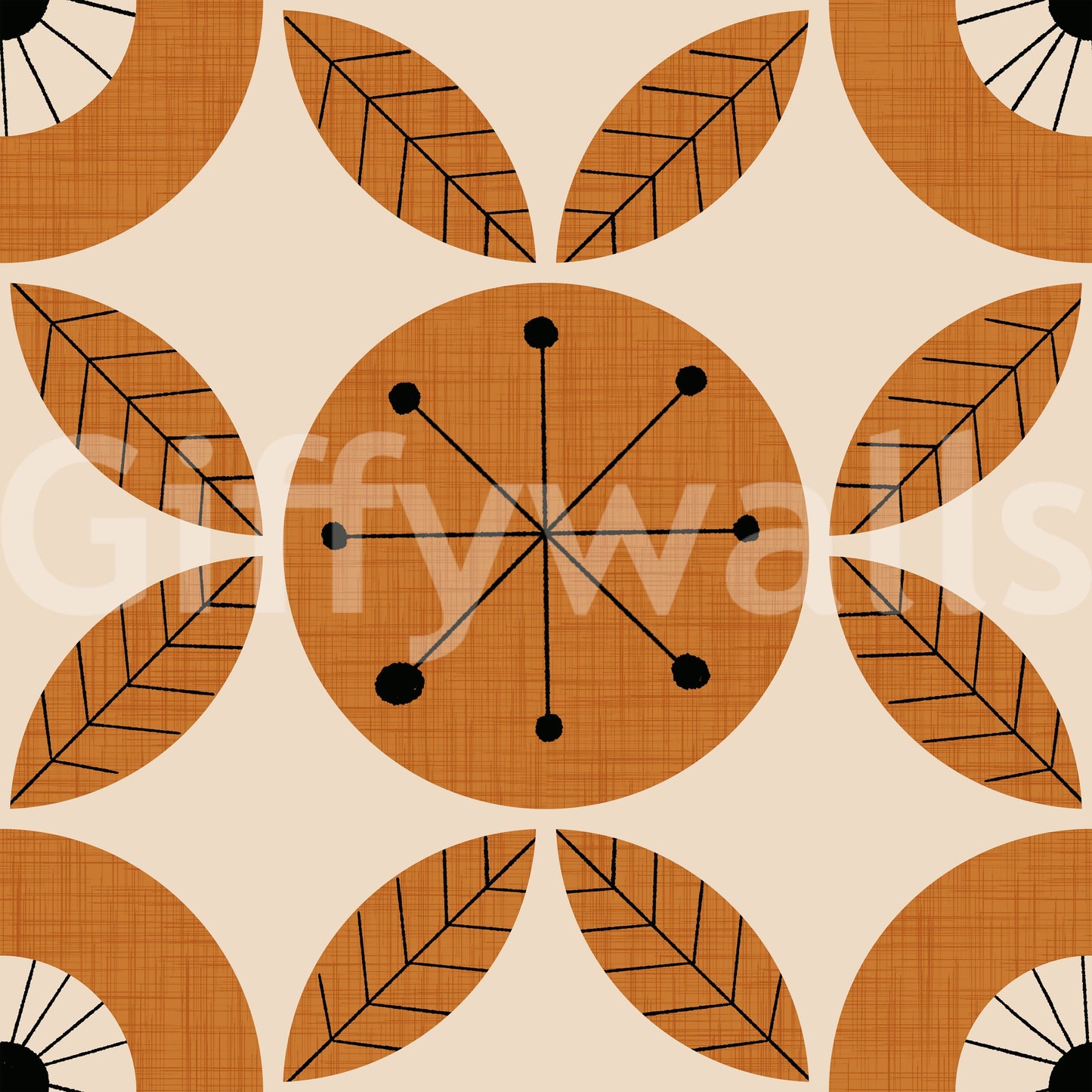 A stylish mid-century charm wallpaper with rhythmically arranged circles and leaf shapes.