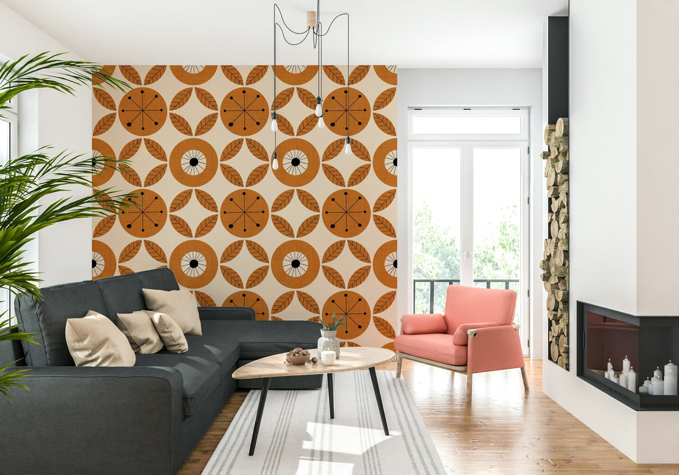 A mid-century charm wallpaper featuring bold circular motifs with retro leaf accents in warm orange tones.
