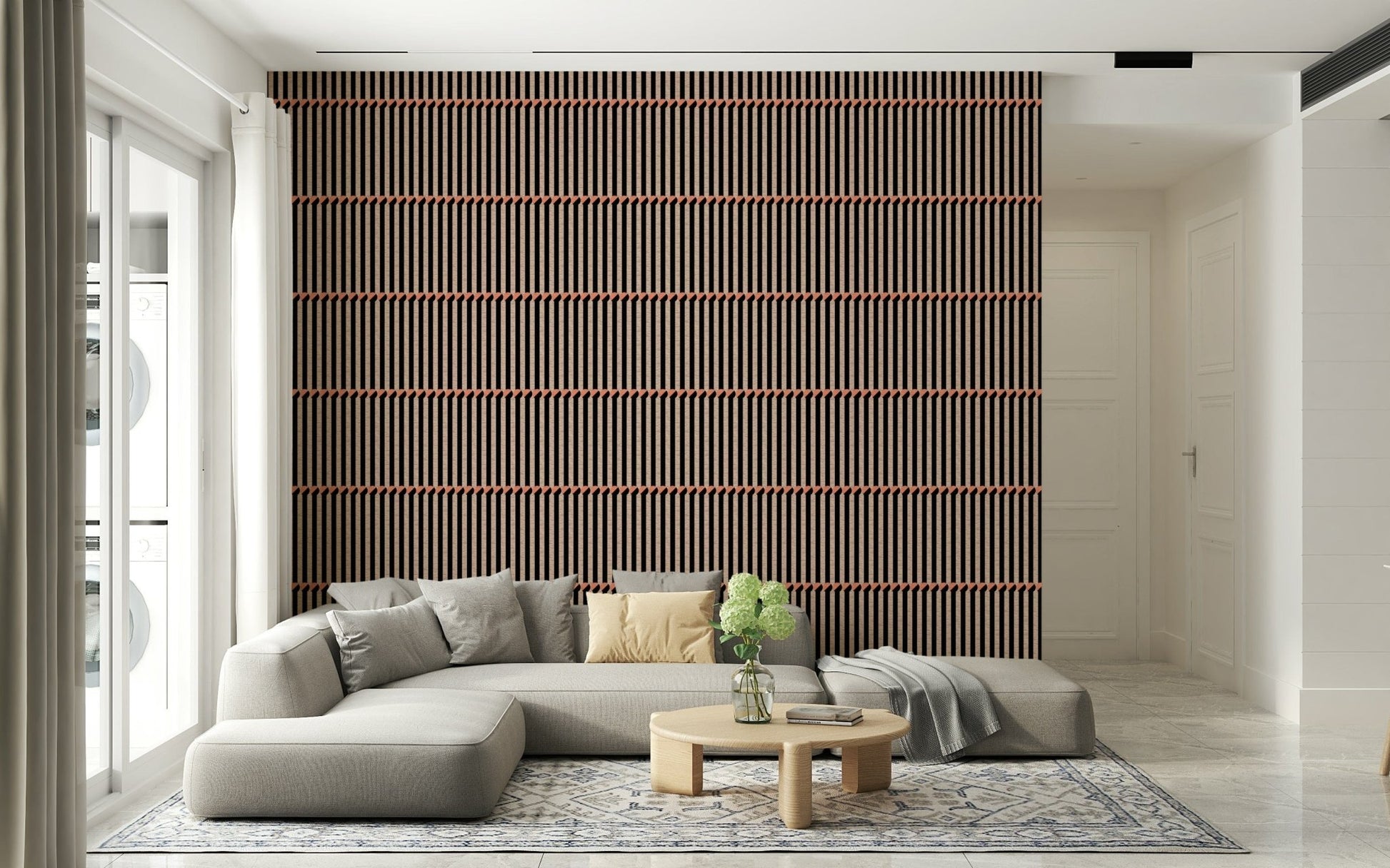 Retro Lines wallpaper in brown and black behind a floating nightstand and bed in a modern bedroom