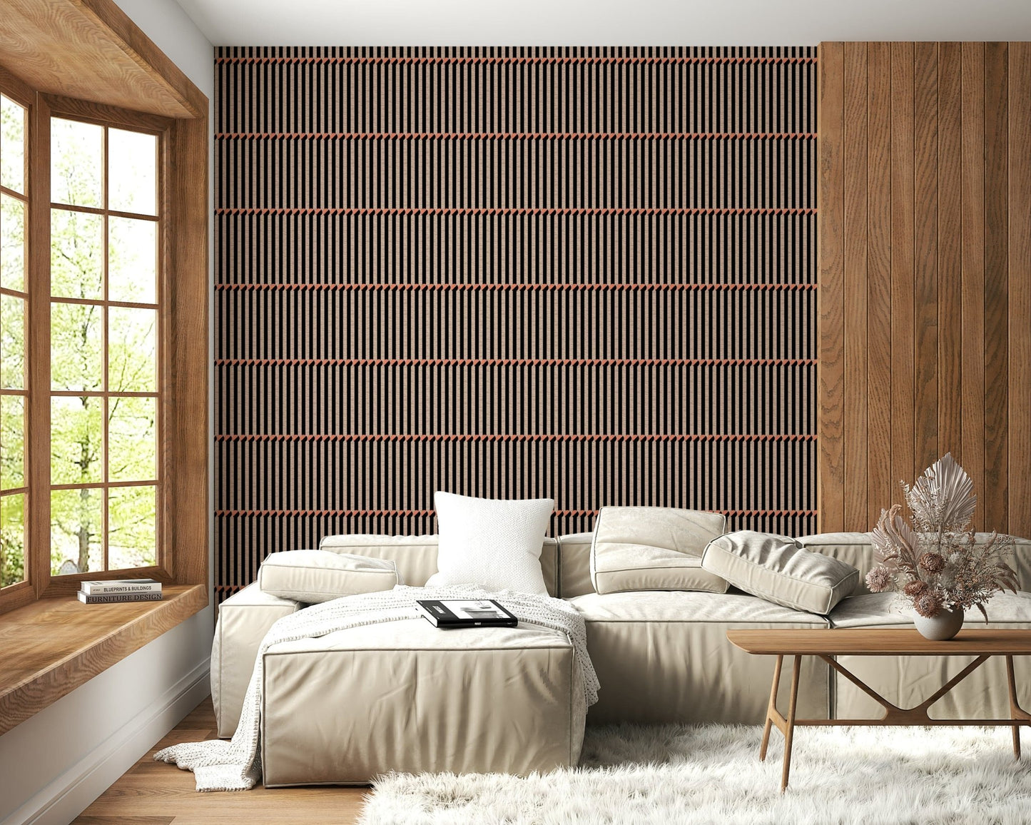 Retro Lines wallpaper with vertical battens in a kitchen with white pendants and a marble dining table