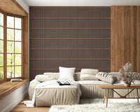 Retro Lines wallpaper with vertical battens in a kitchen with white pendants and a marble dining table