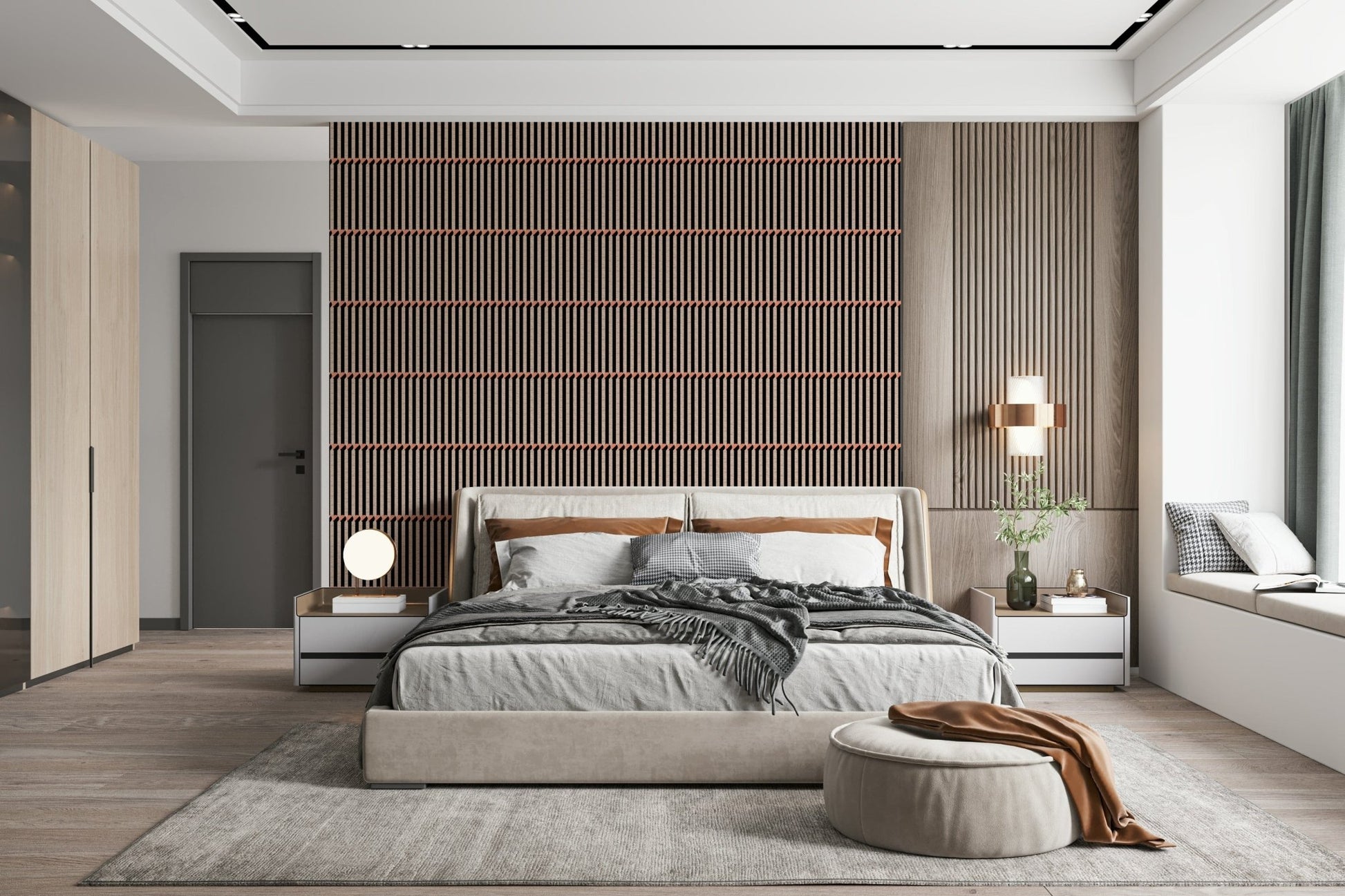 Retro Lines wallpaper with vertical wood battens behind an upholstered bed with grey bedding in a bedroom