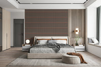 Retro Lines wallpaper with vertical wood battens behind an upholstered bed with grey bedding in a bedroom