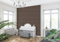Retro Lines wallpaper in wood and black behind a white upright piano in a bright music room