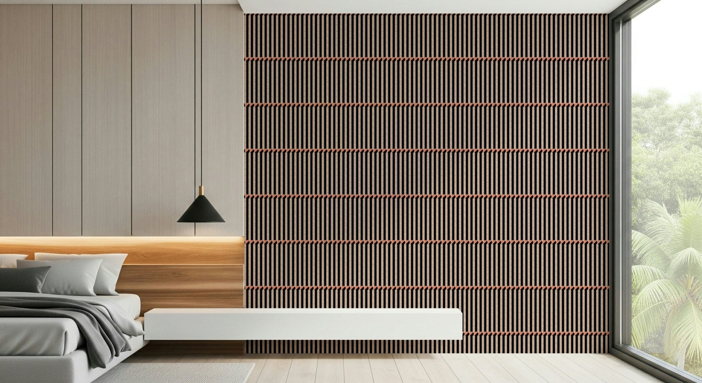Retro Lines wallpaper in wood-slat brown behind a cream sectional sofa near a window seat in a living room