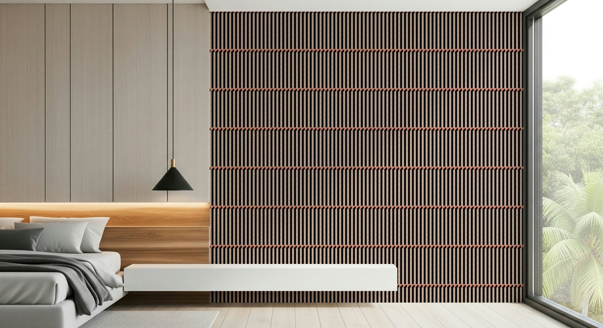 Retro Lines wallpaper in wood-slat brown behind a cream sectional sofa near a window seat in a living room