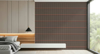 Retro Lines wallpaper in wood-slat brown behind a cream sectional sofa near a window seat in a living room