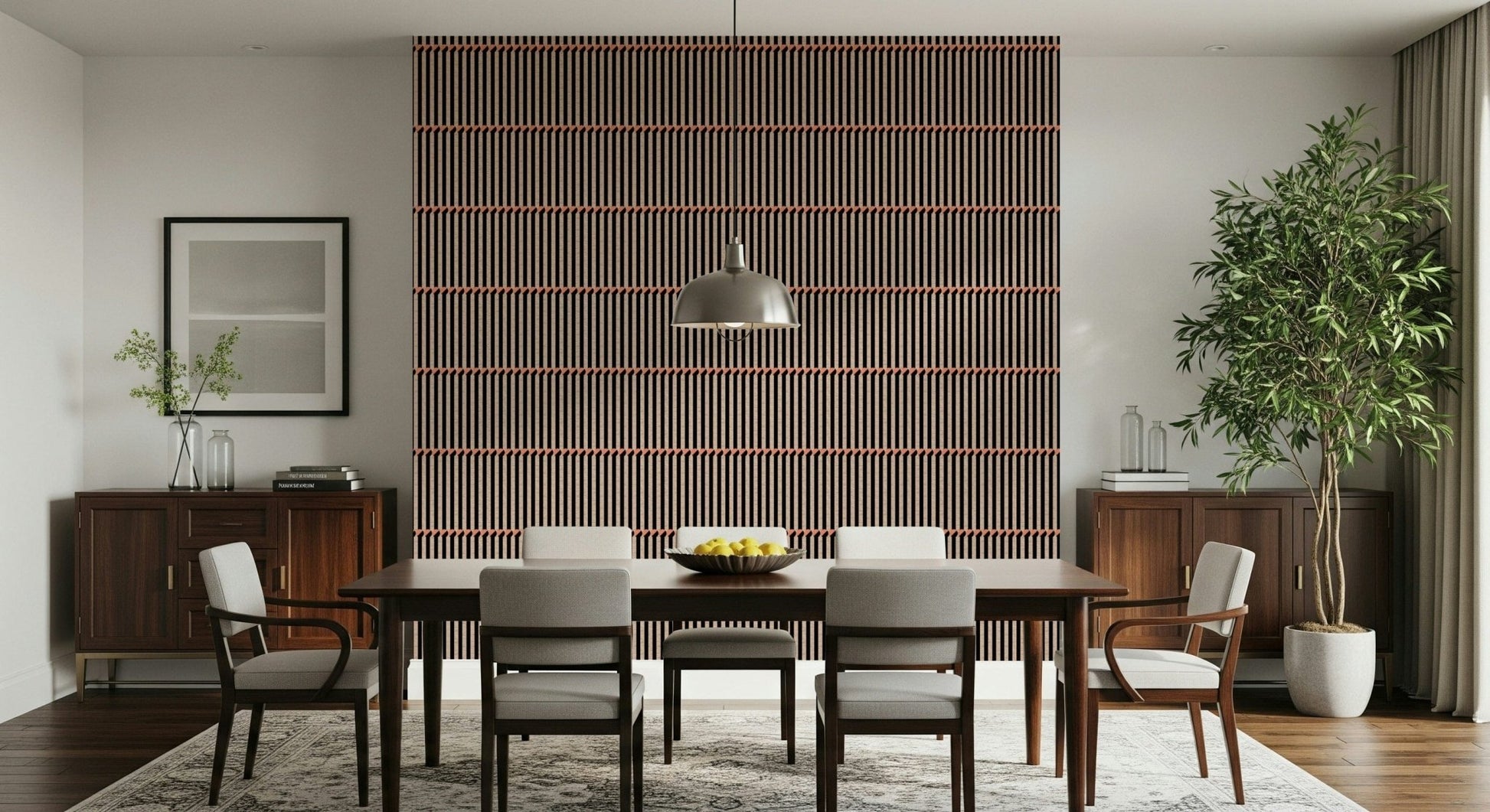 Retro Lines wallpaper close-up showing the vertical wood battens with coral dash accents pattern