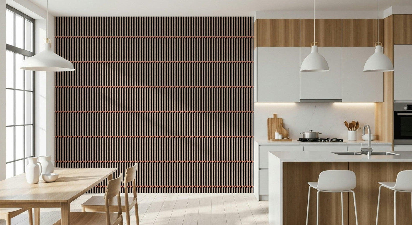 Retro Lines wallpaper in brown and black behind a walnut dining table and chairs in a dining room