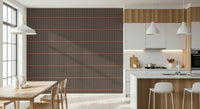 Retro Lines wallpaper in brown and black behind a walnut dining table and chairs in a dining room
