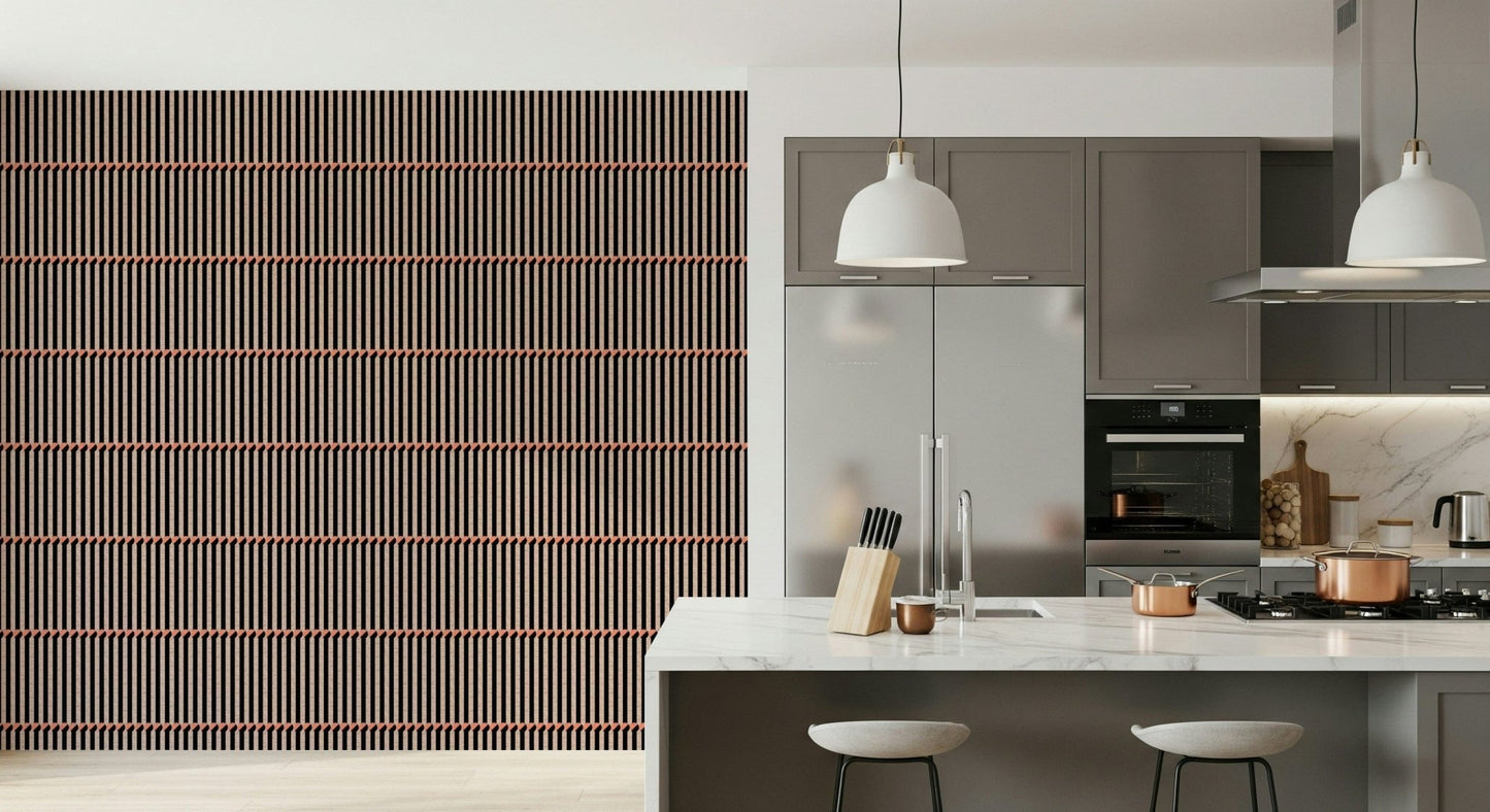 Retro Lines wallpaper with vertical battens on a kitchen wall beside grey cabinets and a marble island