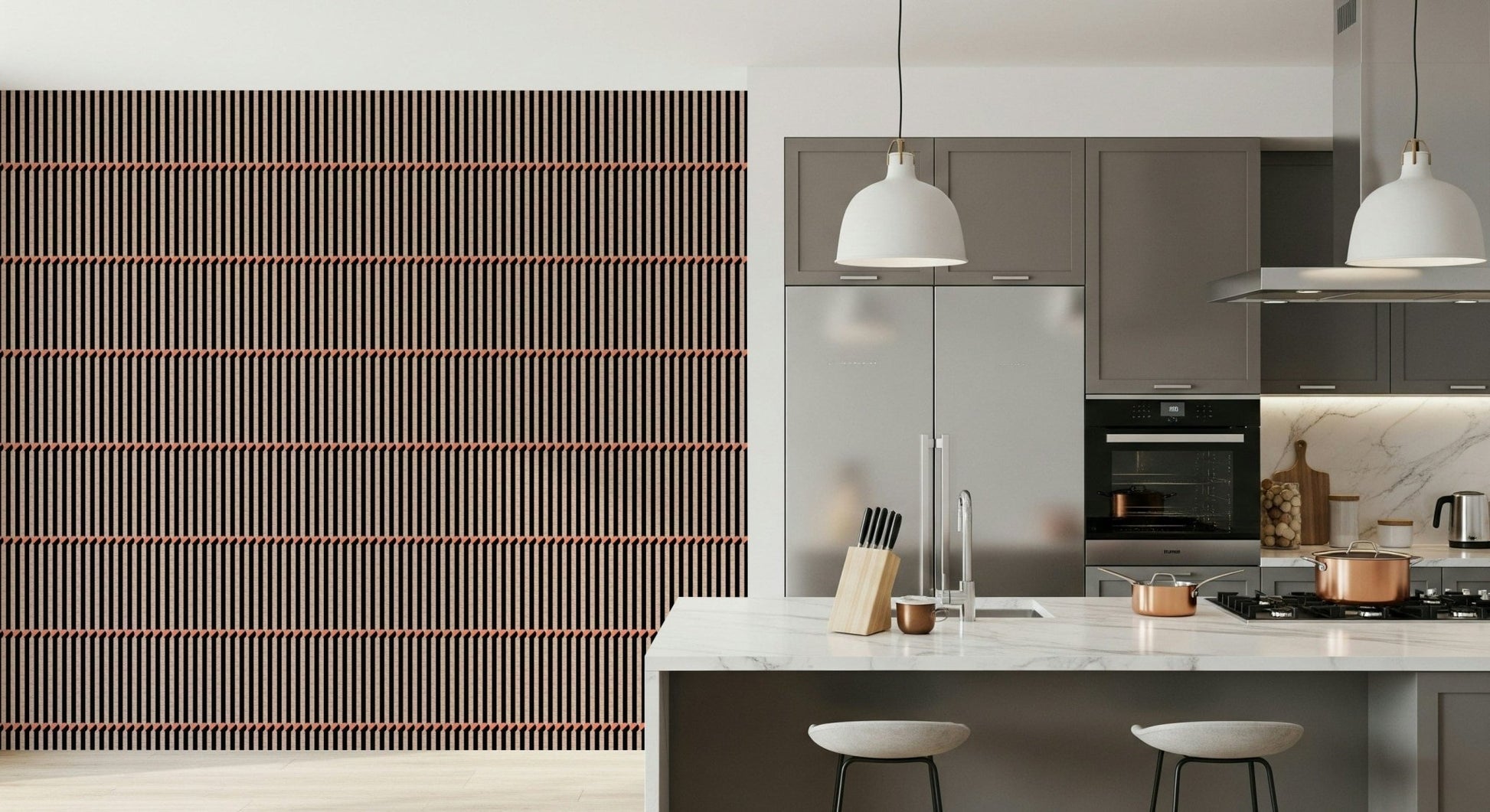 Retro Lines wallpaper with vertical battens on a kitchen wall beside grey cabinets and a marble island