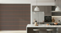 Retro Lines wallpaper with vertical battens on a kitchen wall beside grey cabinets and a marble island