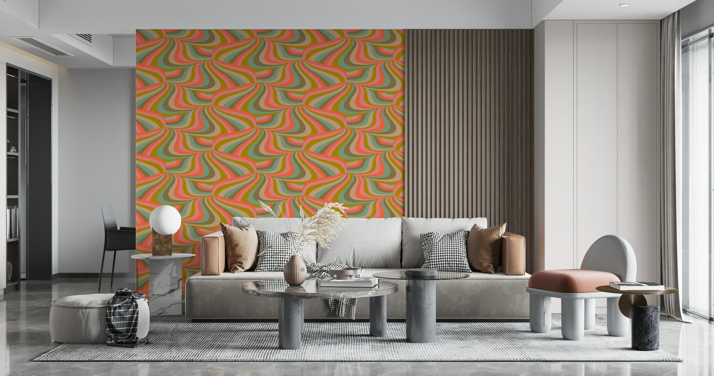 Marbled Swirl Pastel Stripe Wallpaper – Decorative mural combining marbled textures with retro-inspired colorful stripes.