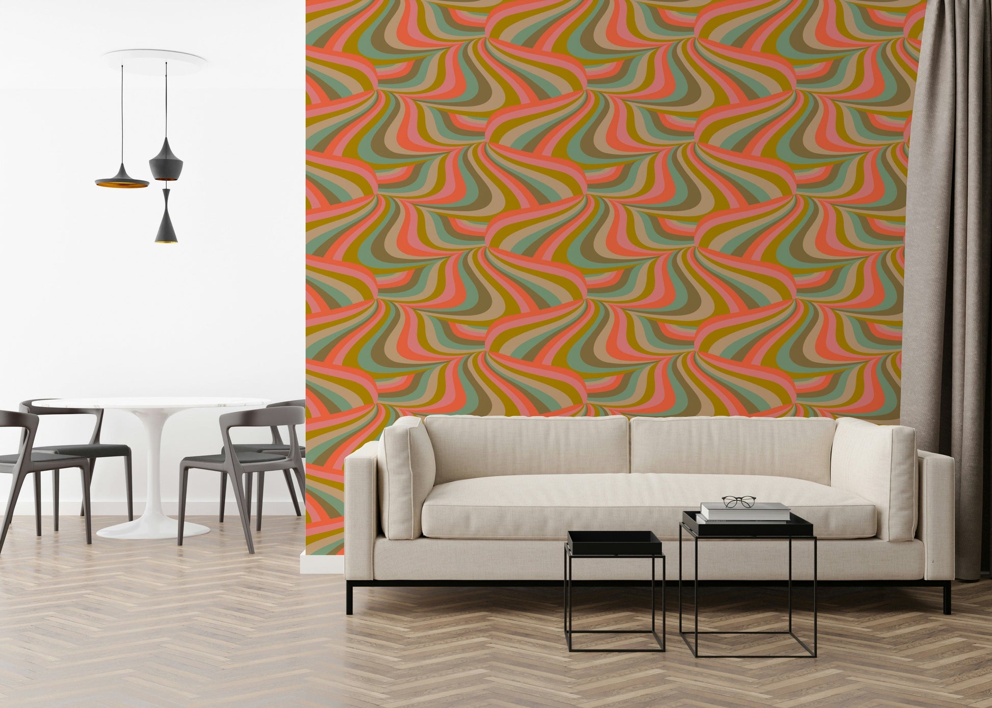 Groovy Retro Stripe Marble Wall Mural – Psychedelic-inspired mural with swirling multicolor marble stripes.