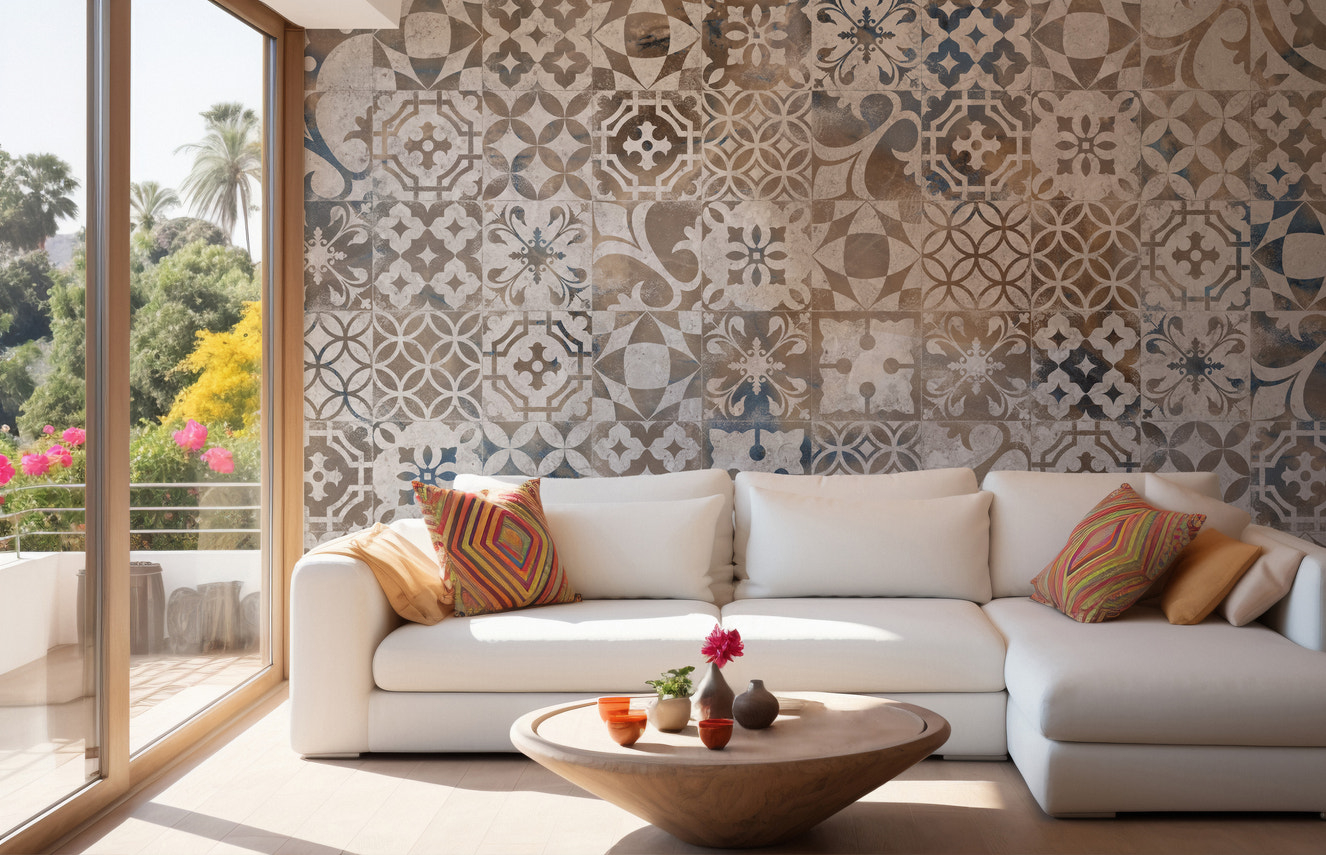 Vintage metallic tiles mural wallpaper for living room

