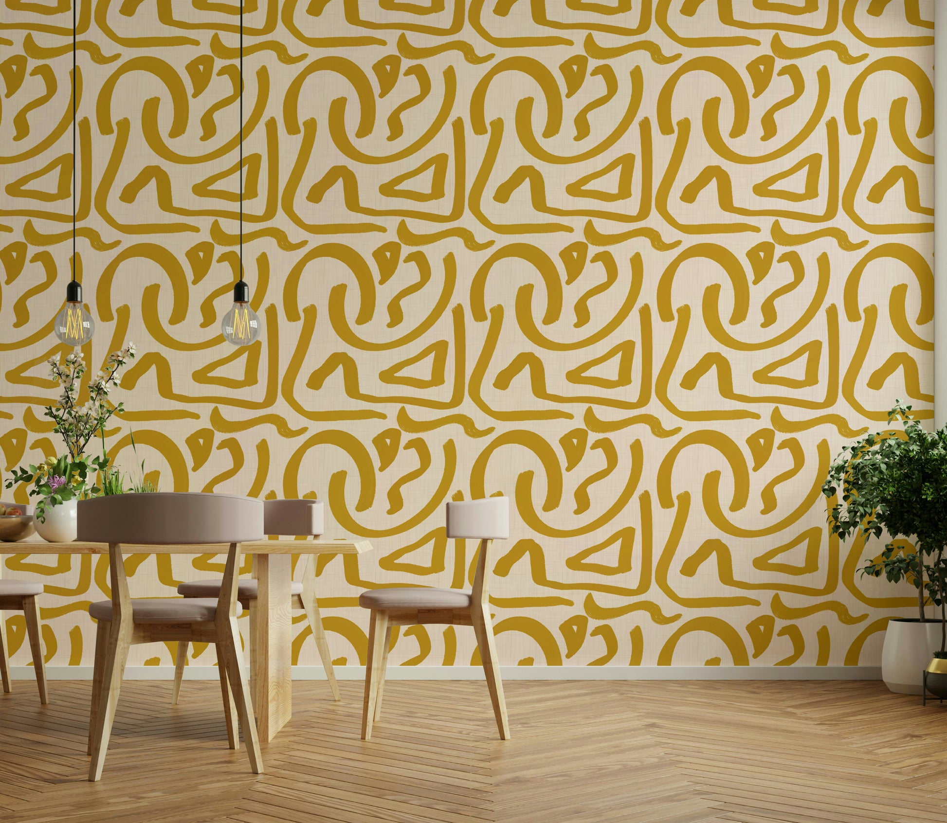 Close-up of mustard scribble strokes on retro wallpaper

