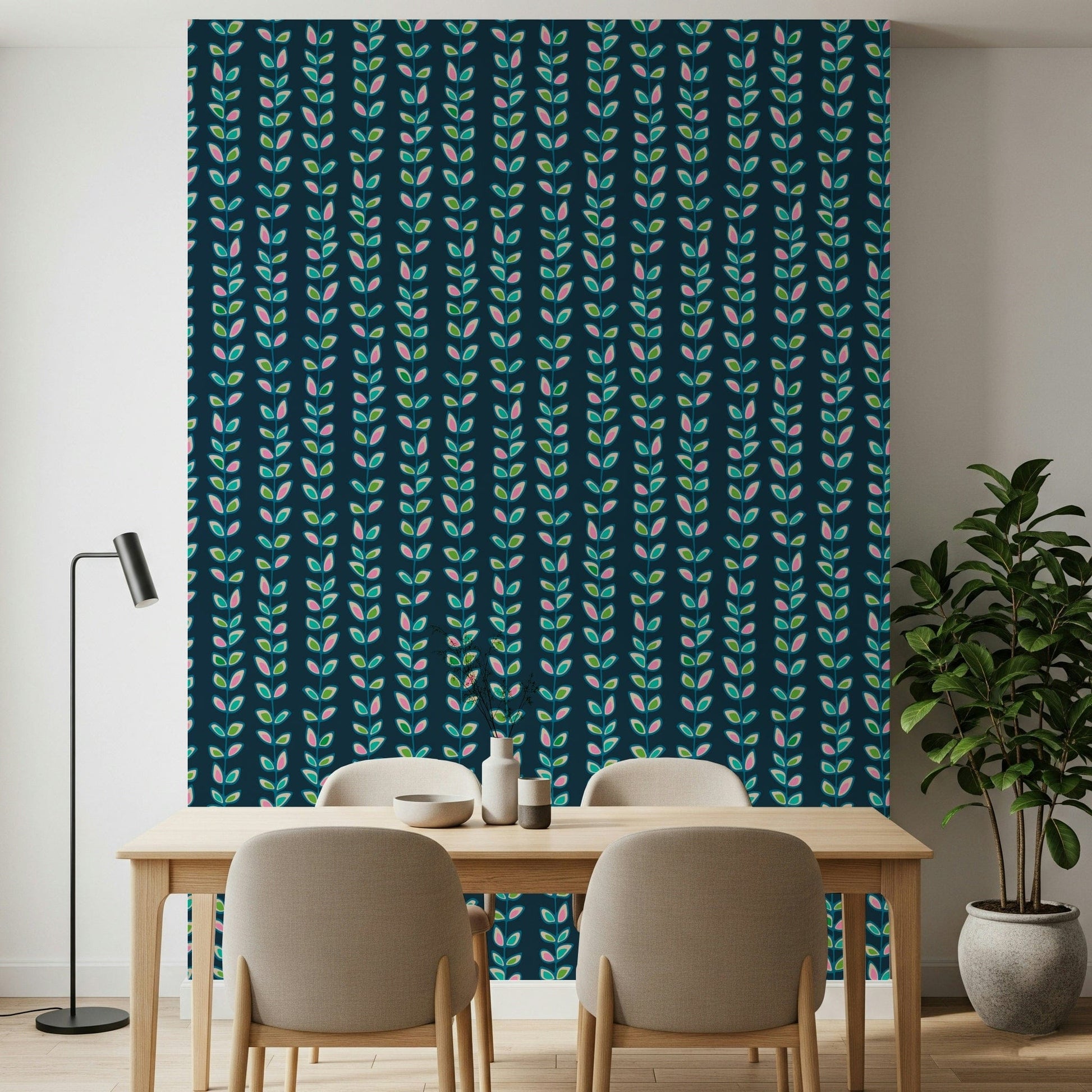 A nostalgic retro wallpaper showing colorful leaf clusters aligned along upward vine patterns on navy.
