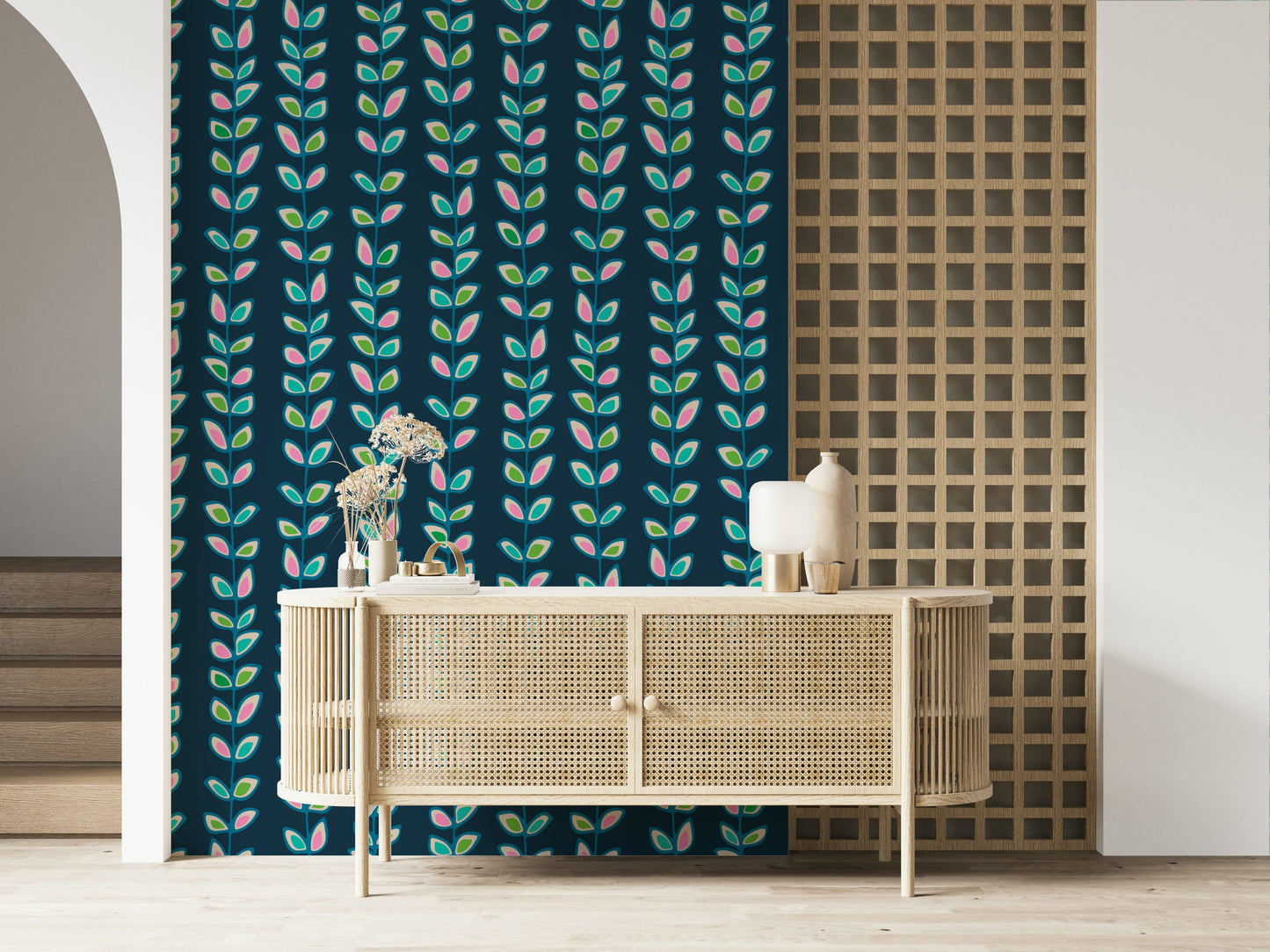 A patterned retro wallpaper with evenly spaced vertical vines and bright stylized leaves on dark blue.