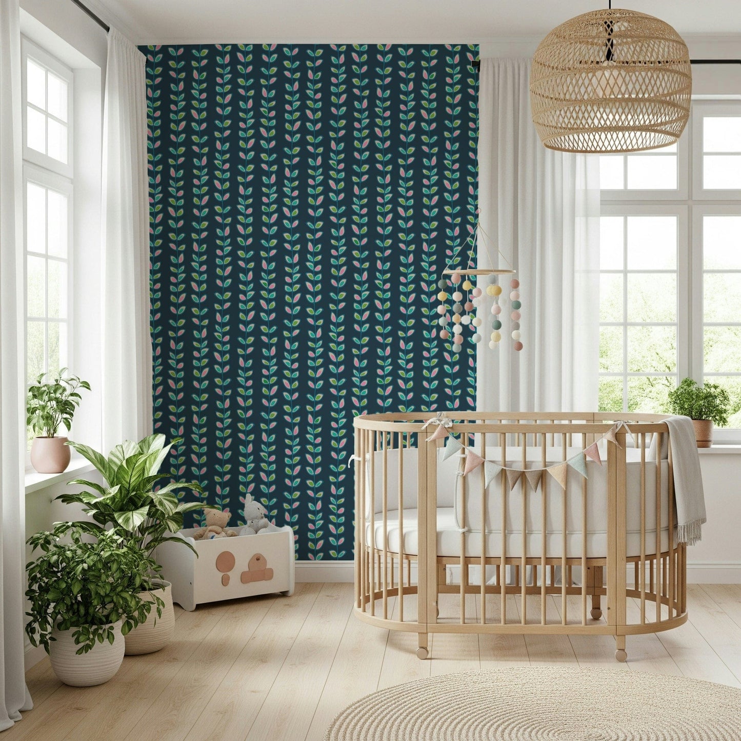Colorful leaf motifs arranged along climbing vine stripes giving the wallpaper a bold vintage look.