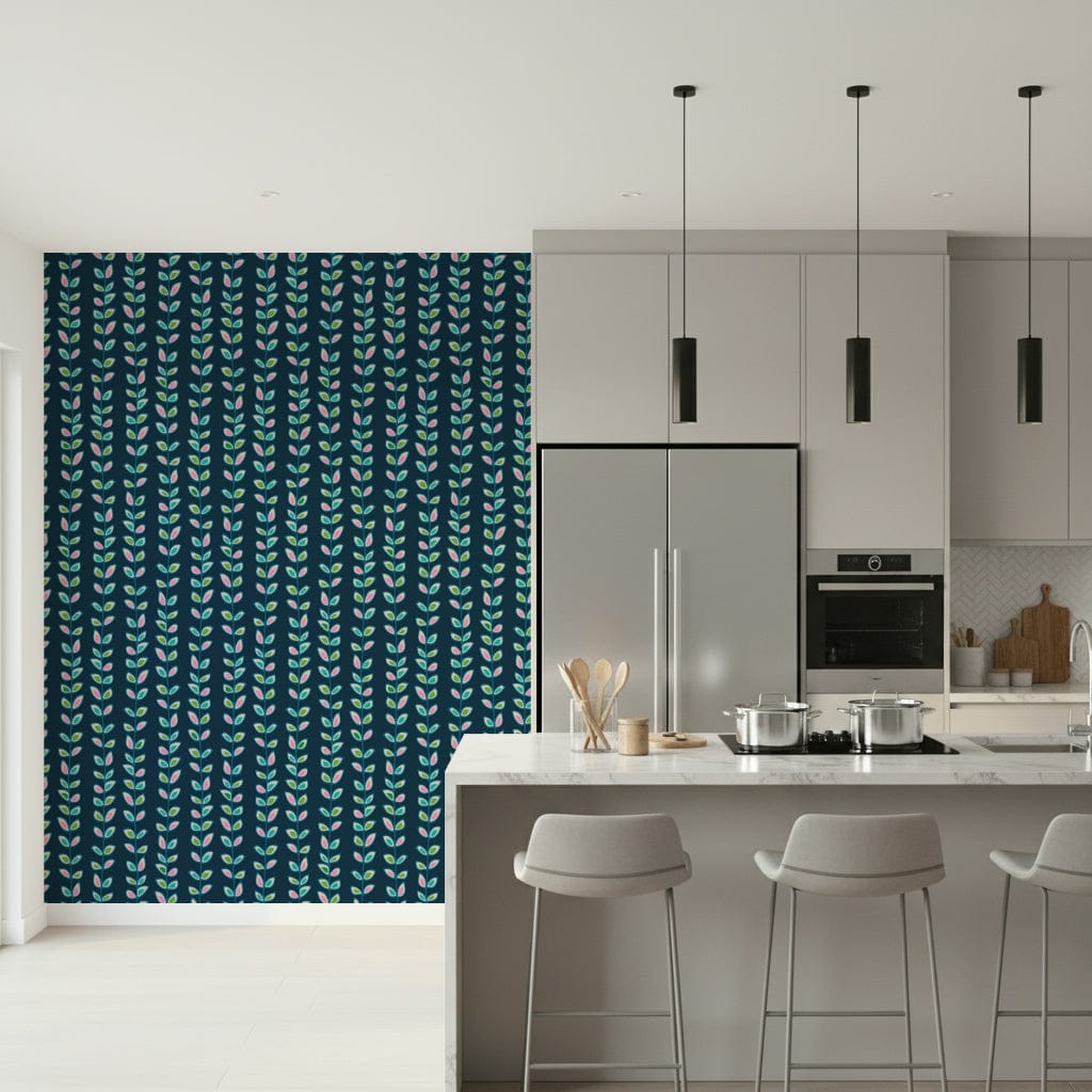 A navy blue wallpaper decorated with repeating vertical vines and outlined multicolored retro leaves.