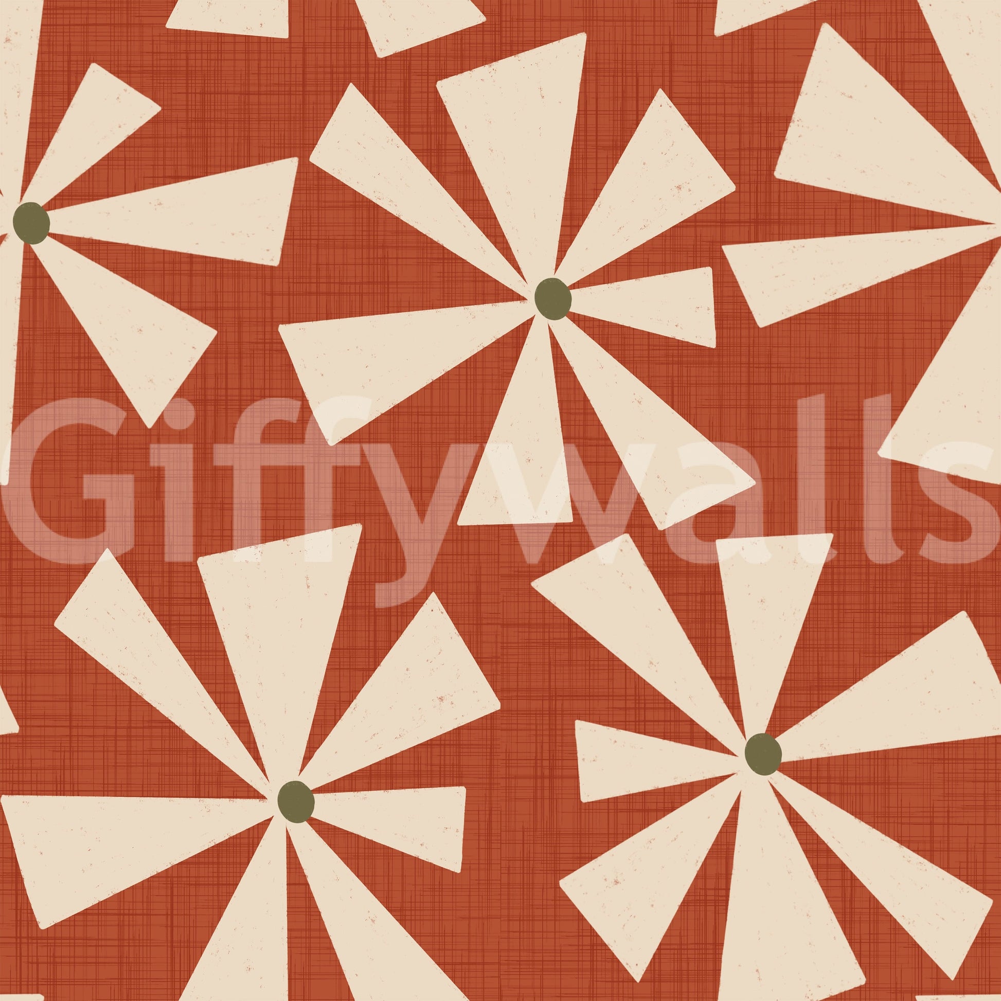Soft geometric floral wallpaper with cream pinwheel motifs and a warm textured backdrop.