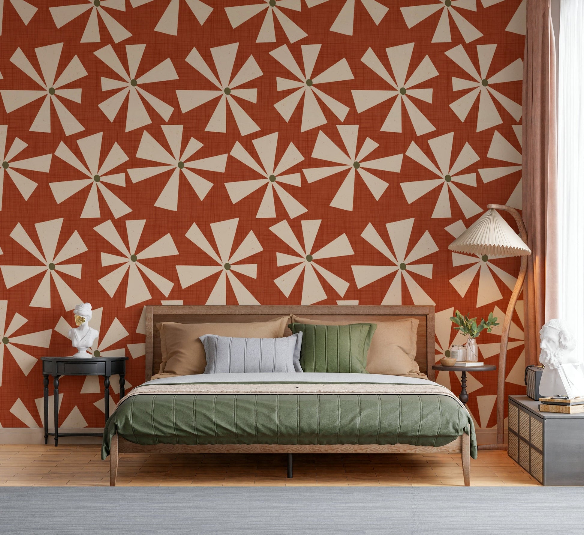Retro burst wallpaper featuring geometric star-like flowers in an earthy orange palette.