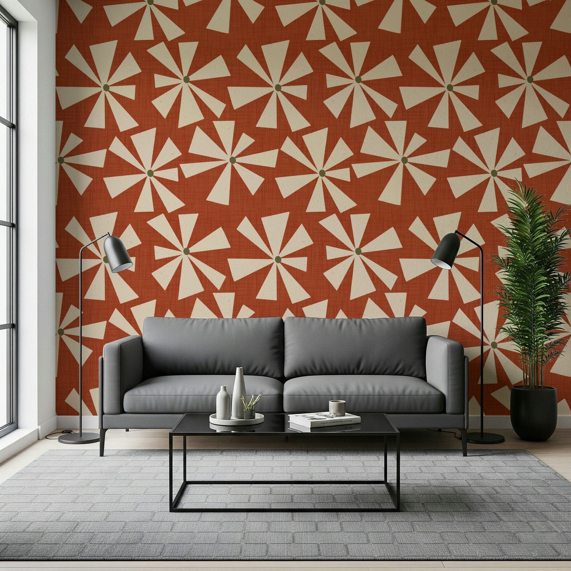 Decorative wallpaper with playful cream pinwheel shapes arranged across a warm terracotta tone.