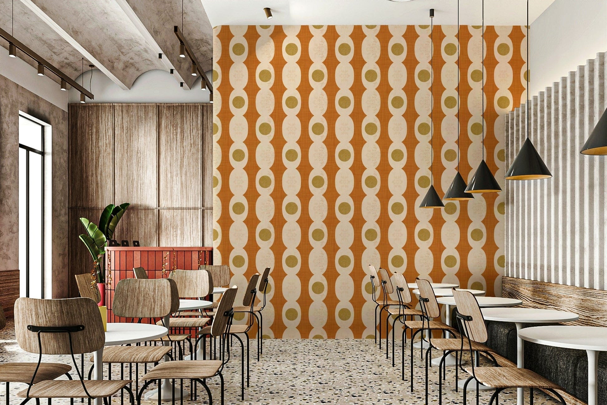 Geometric mid-century motif wallpaper adding a stylish retro touch.