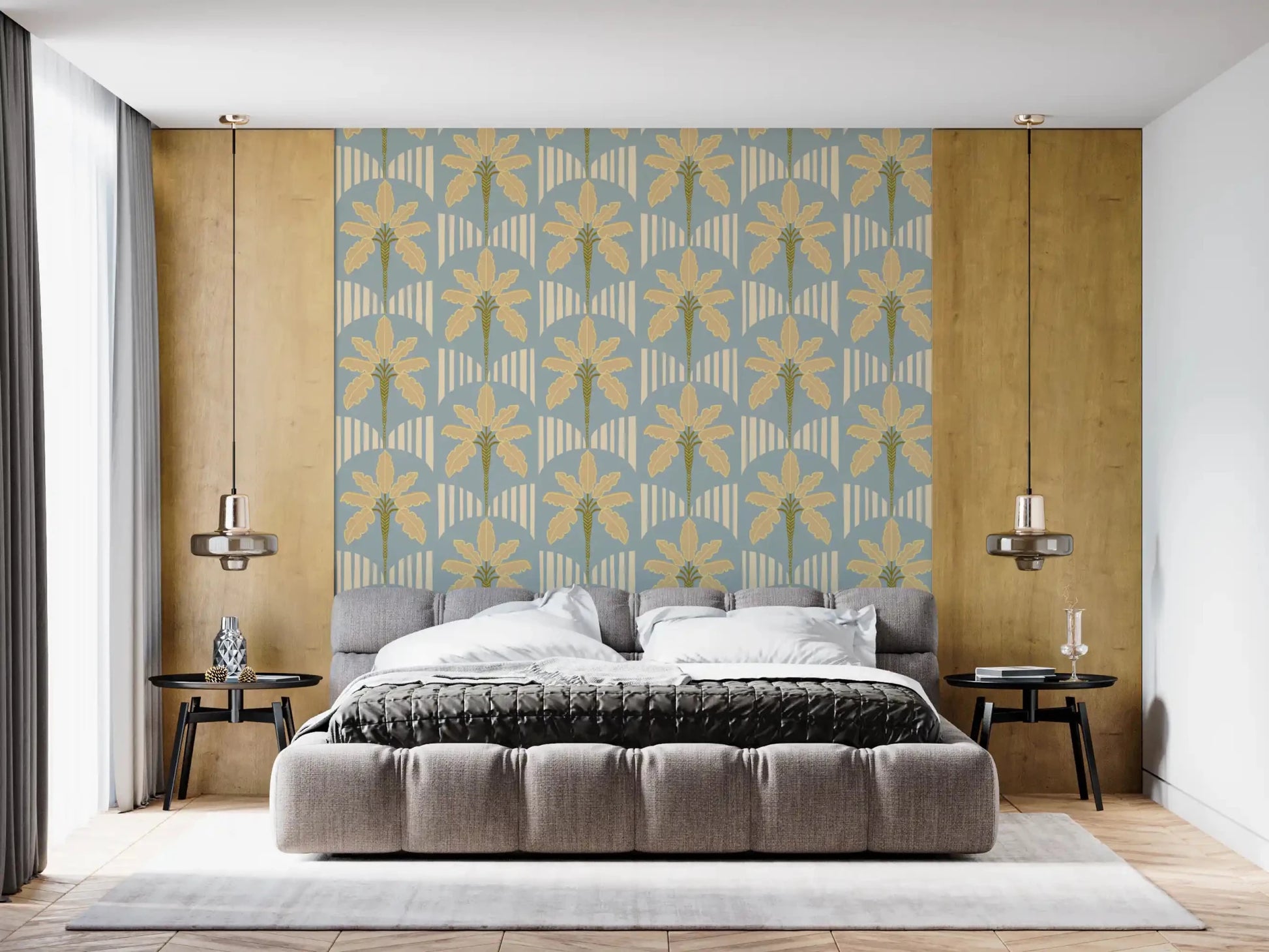 Bedroom with blue palm wallpaper and gold stripe detailing in retro tones