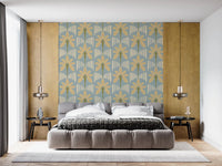 Bedroom with blue palm wallpaper and gold stripe detailing in retro tones