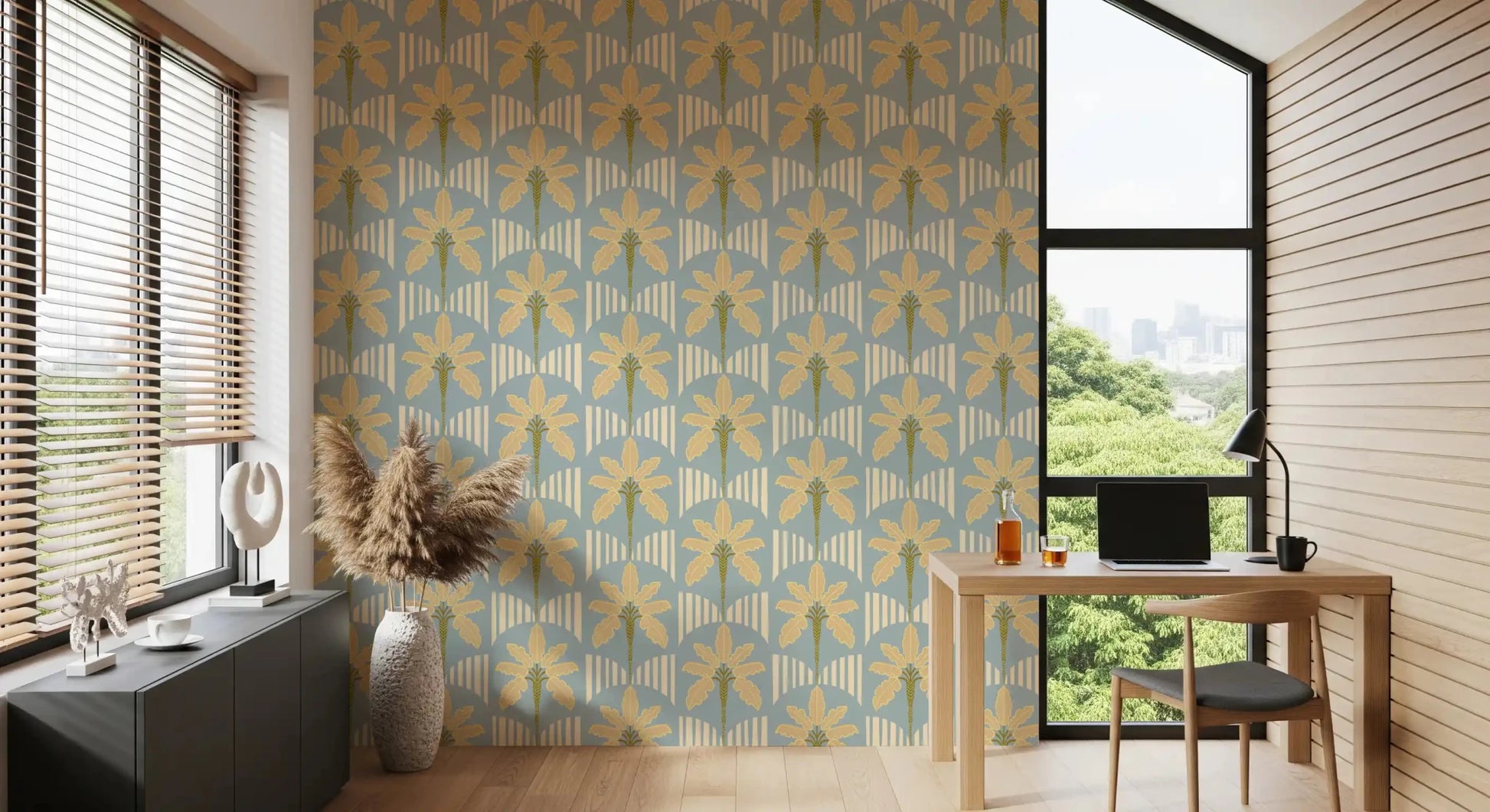 Home and office with retro palm wallpaper in soft blue and gold stripe pattern