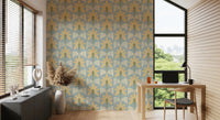Home and office with retro palm wallpaper in soft blue and gold stripe pattern