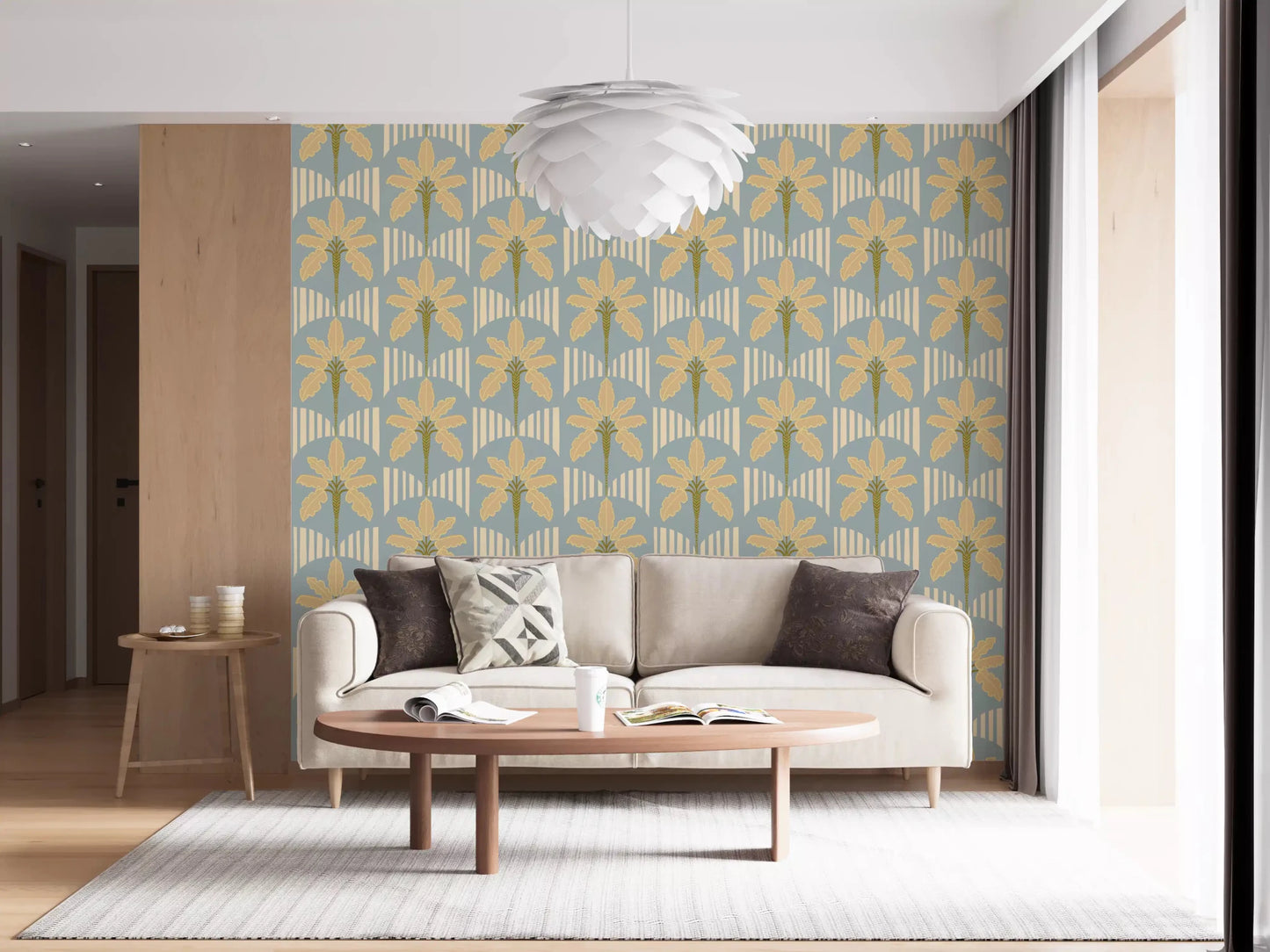 Entryway with palm wallpaper and curved stripe design in blue and gold tones