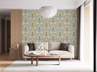 Entryway with palm wallpaper and curved stripe design in blue and gold tones